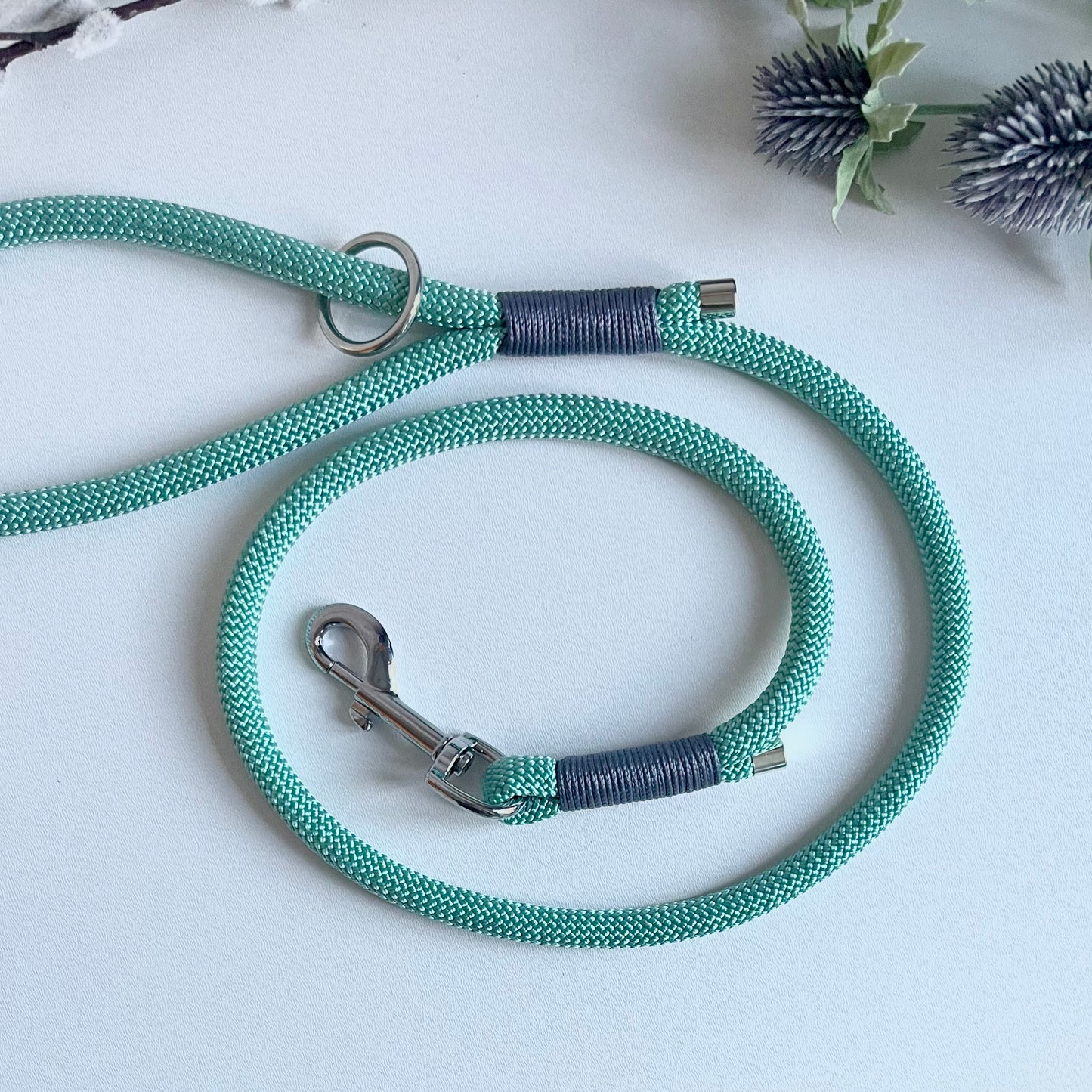 Sea green rope dog lead with silver hardware and charcoal whipping