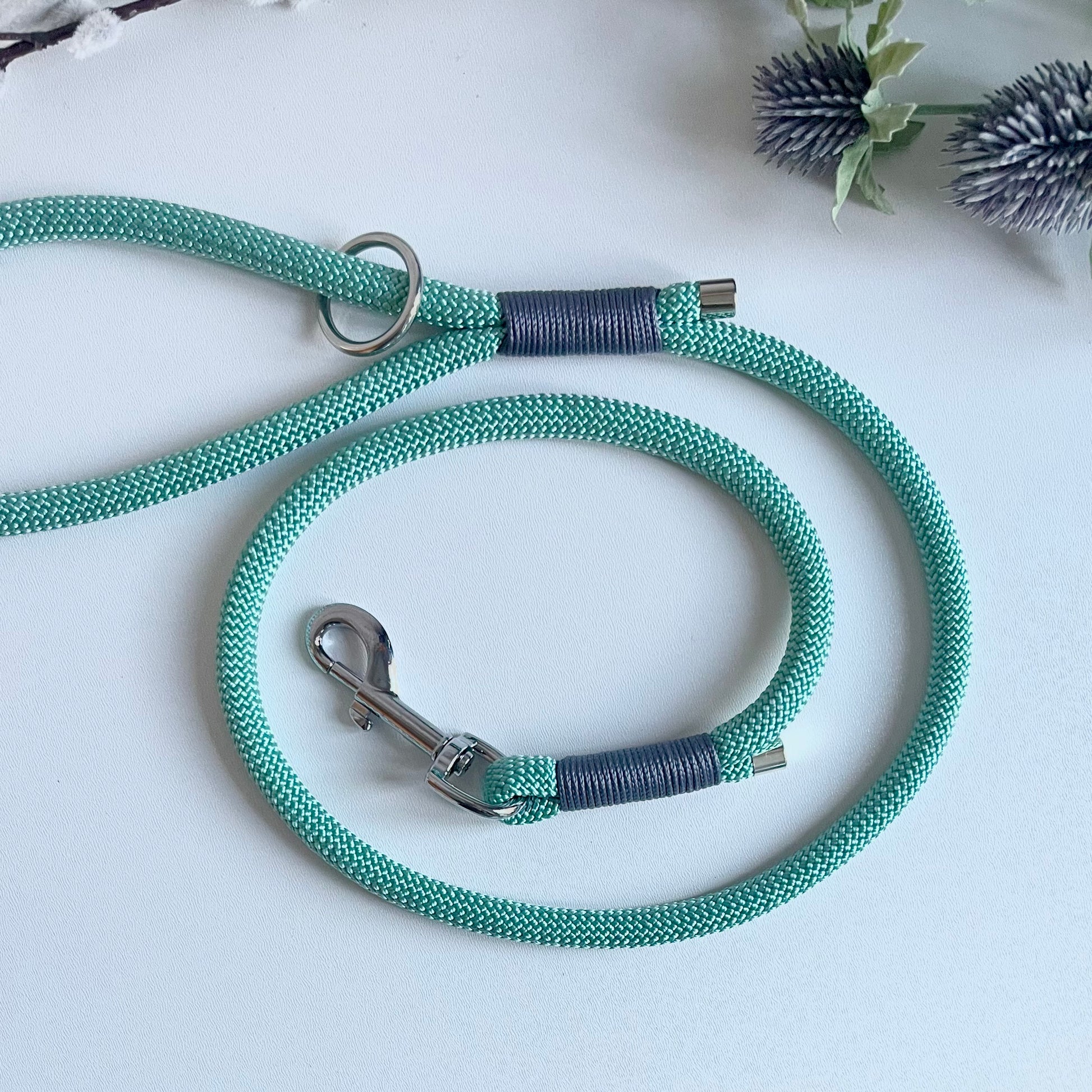 Sea green rope dog lead with silver hardware and charcoal whipping