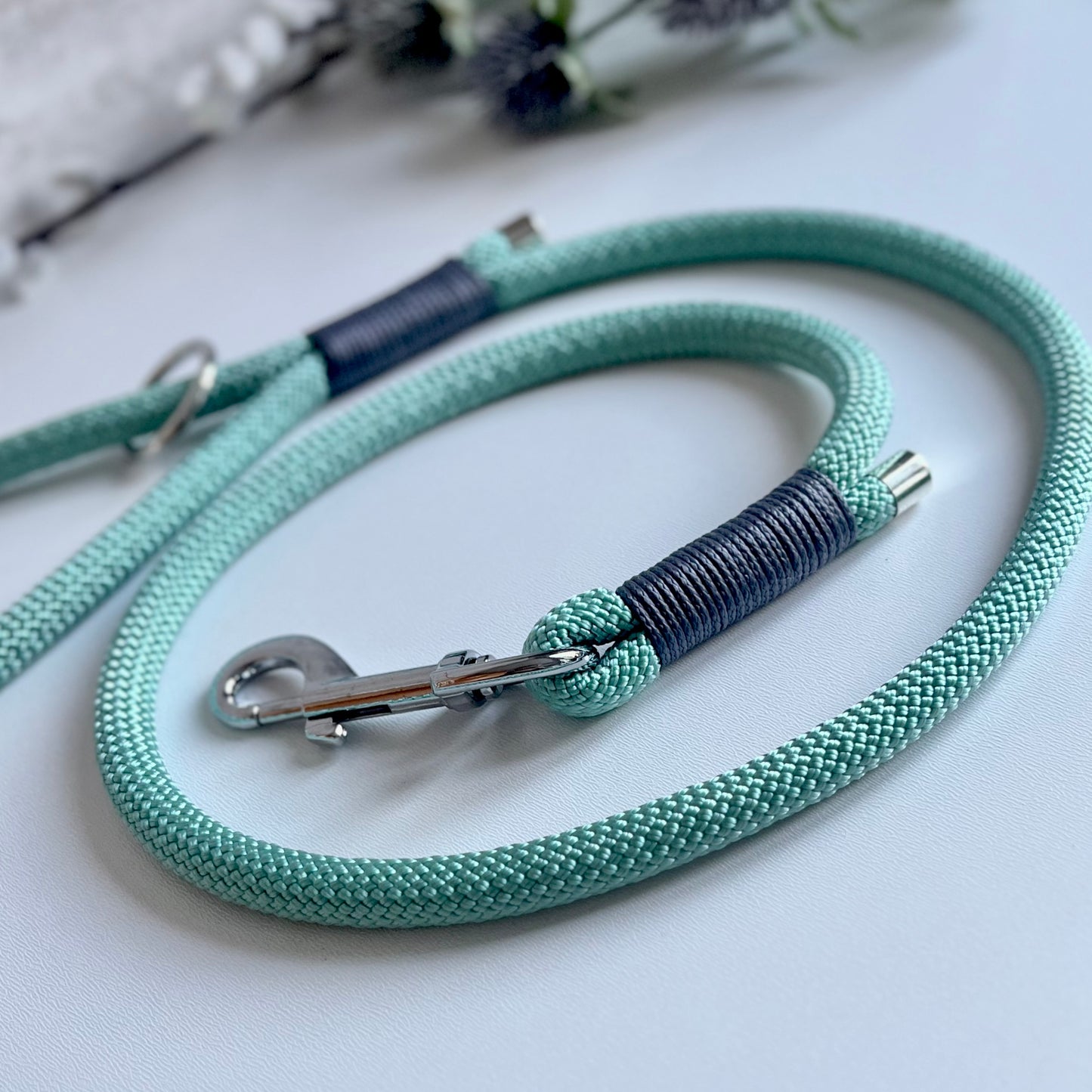 Sea green rope dog lead with silver hardware and charcoal whipping