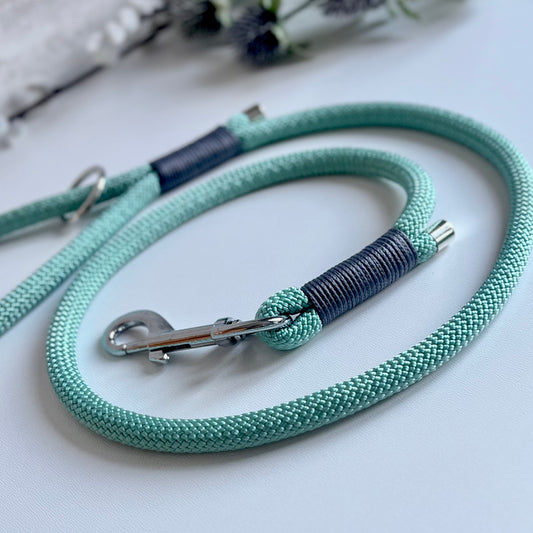 Sea green rope dog lead with silver hardware and charcoal whipping