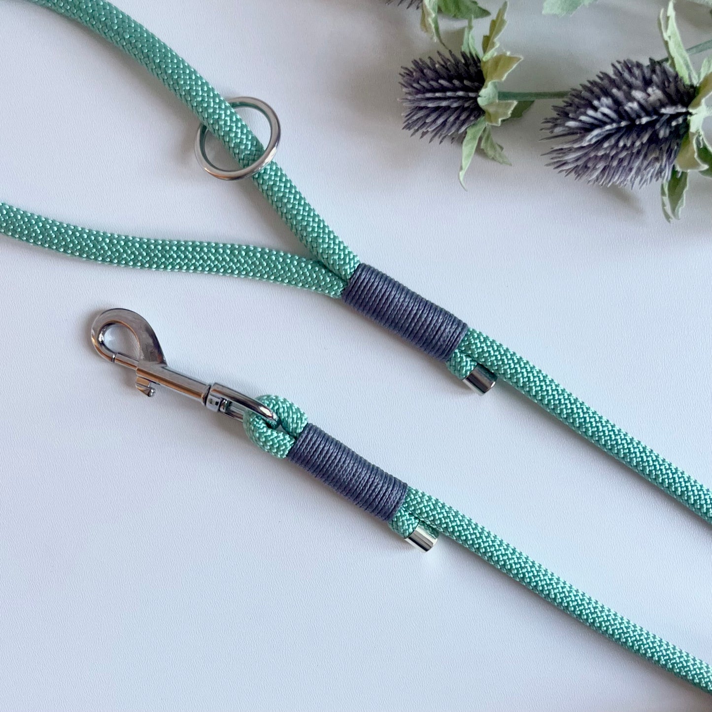 Sea green rope dog lead with silver hardware and charcoal whipping
