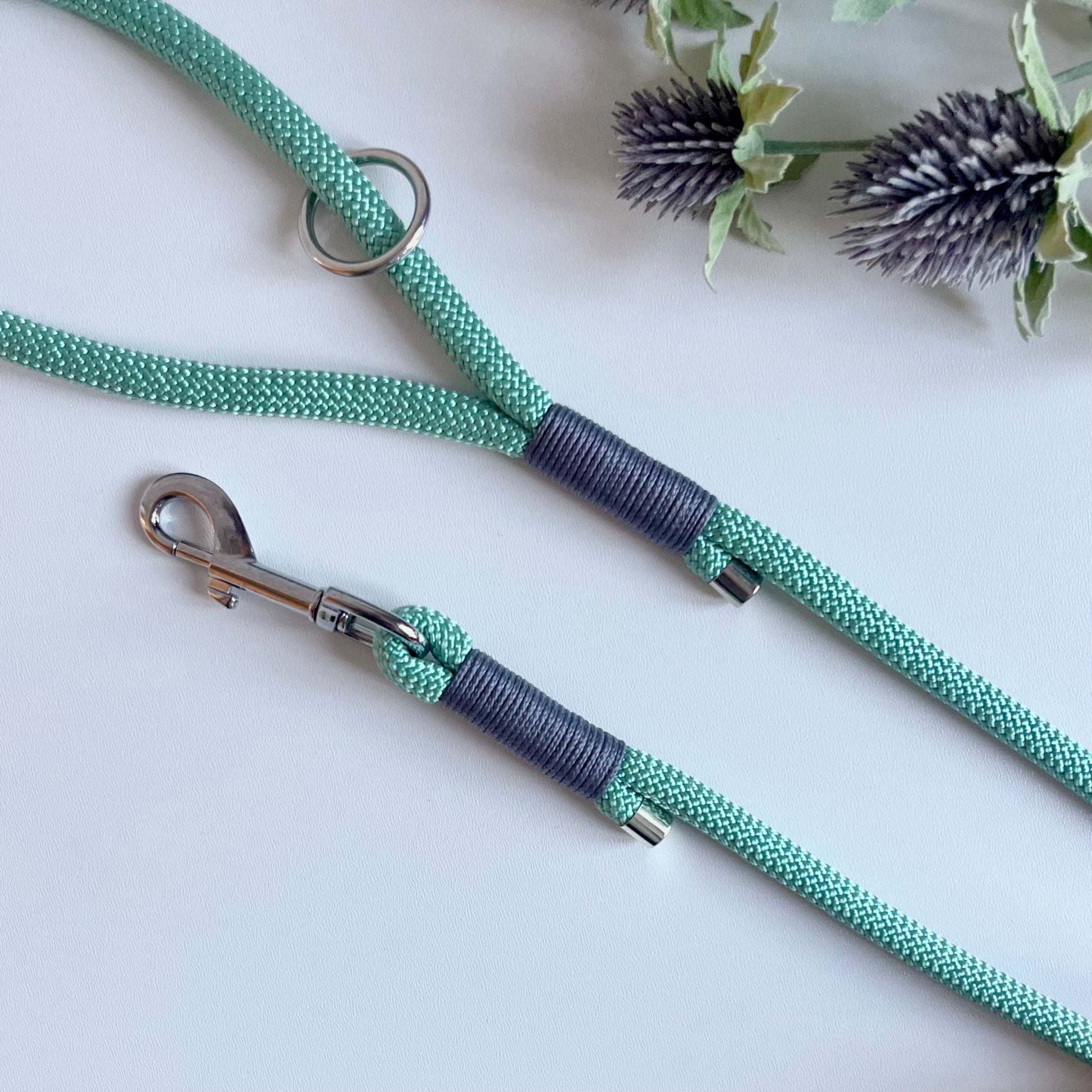 Sea green rope dog lead with silver hardware and charcoal whipping