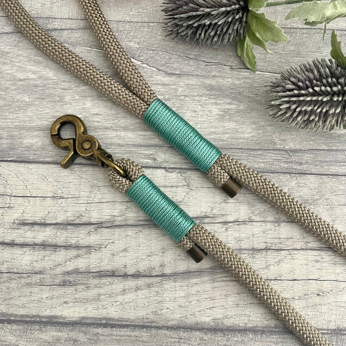 Tan Paracord rope dog lead with Sea Green whipping securing each end together. At each end of the rope there is a metal end cap, a clip to connect to a collar at one end and a O-ring fixed to the handle. All hardware is Antique Brass