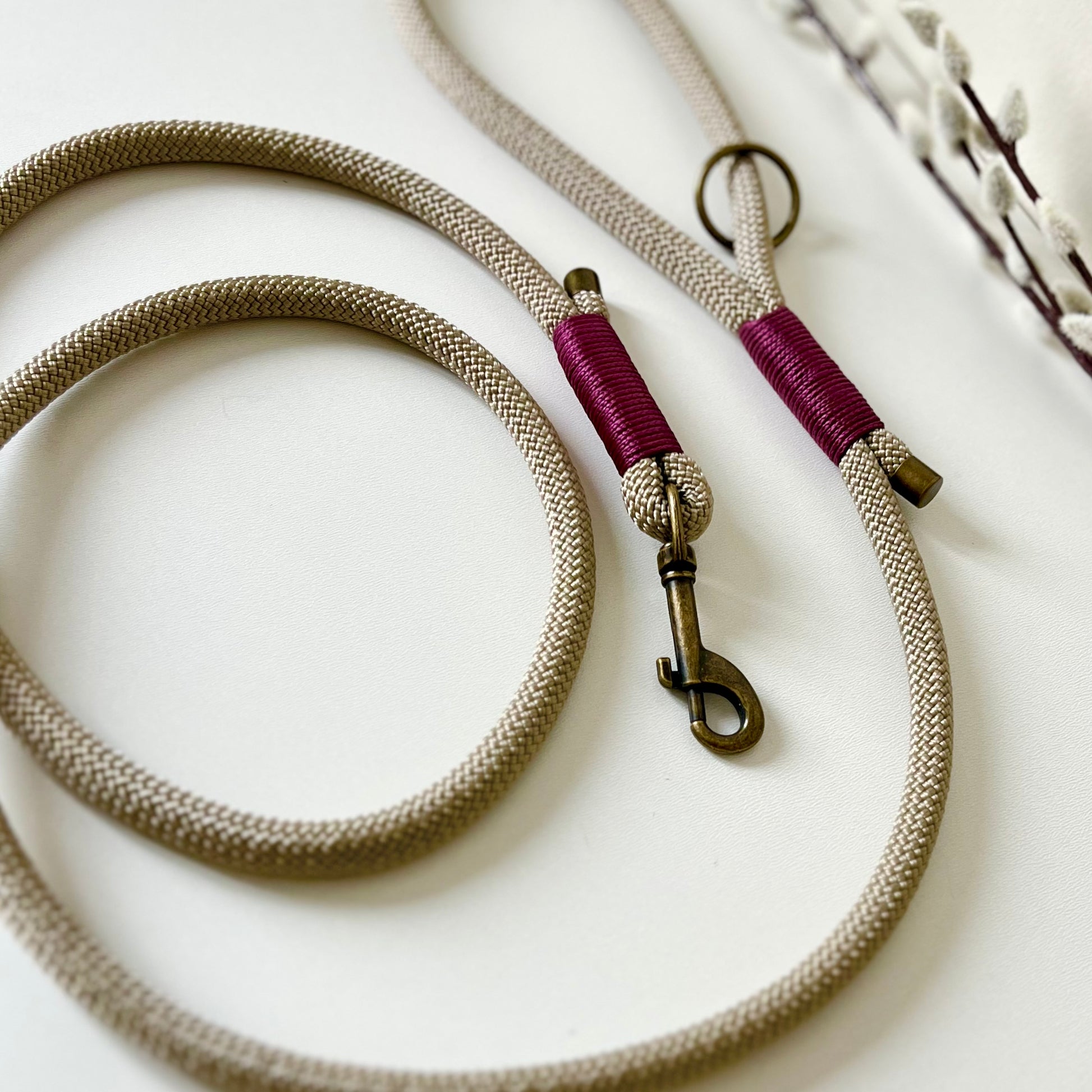 Tan rope dog lead with binding and antique brass hardware on a white surface