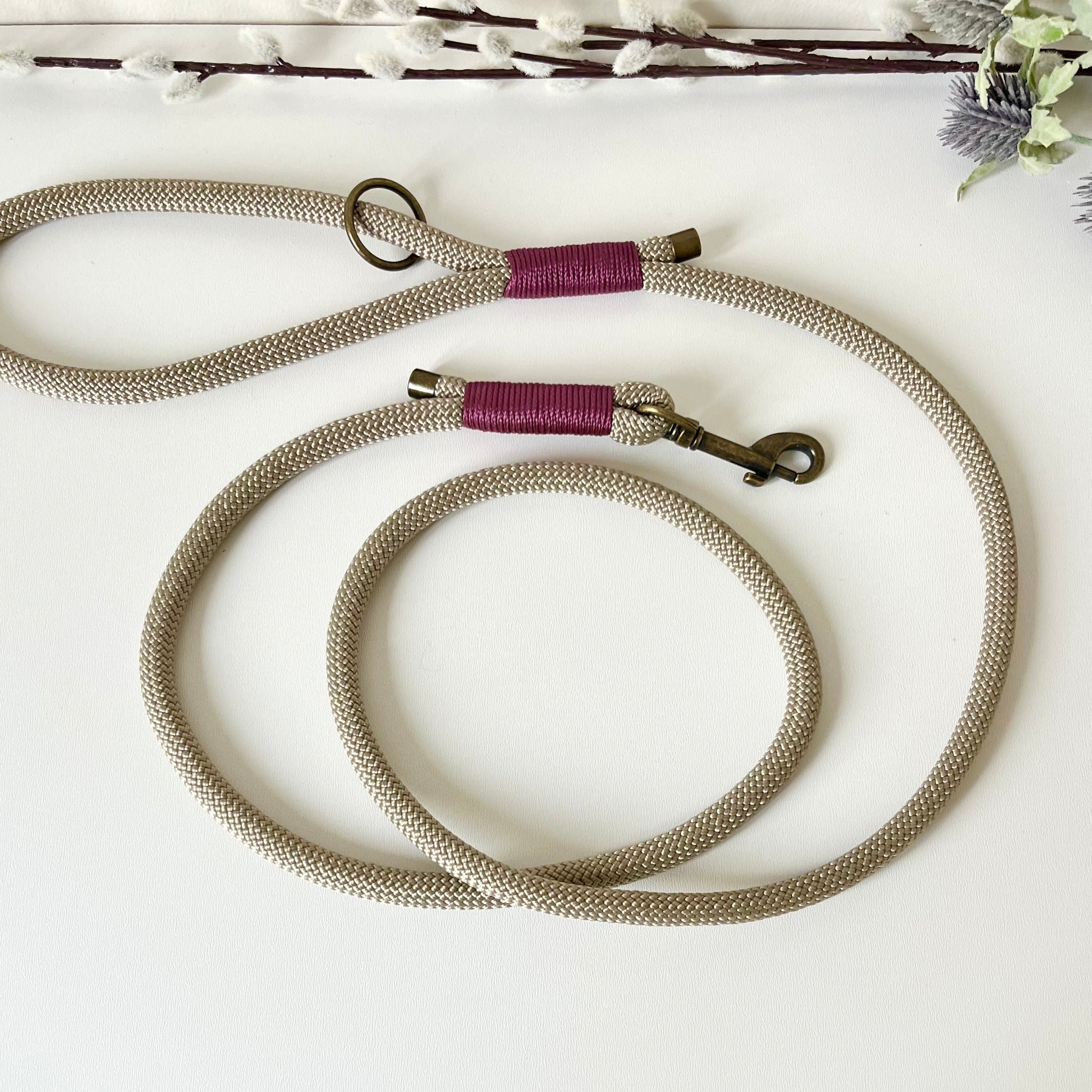Tan rope dog lead with binding and antique brass hardware on a white surface