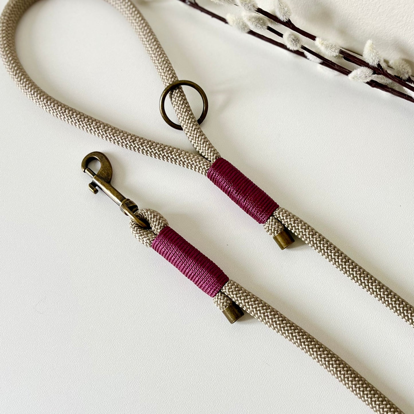 Tan rope dog lead with binding and antique brass hardware on a white surface
