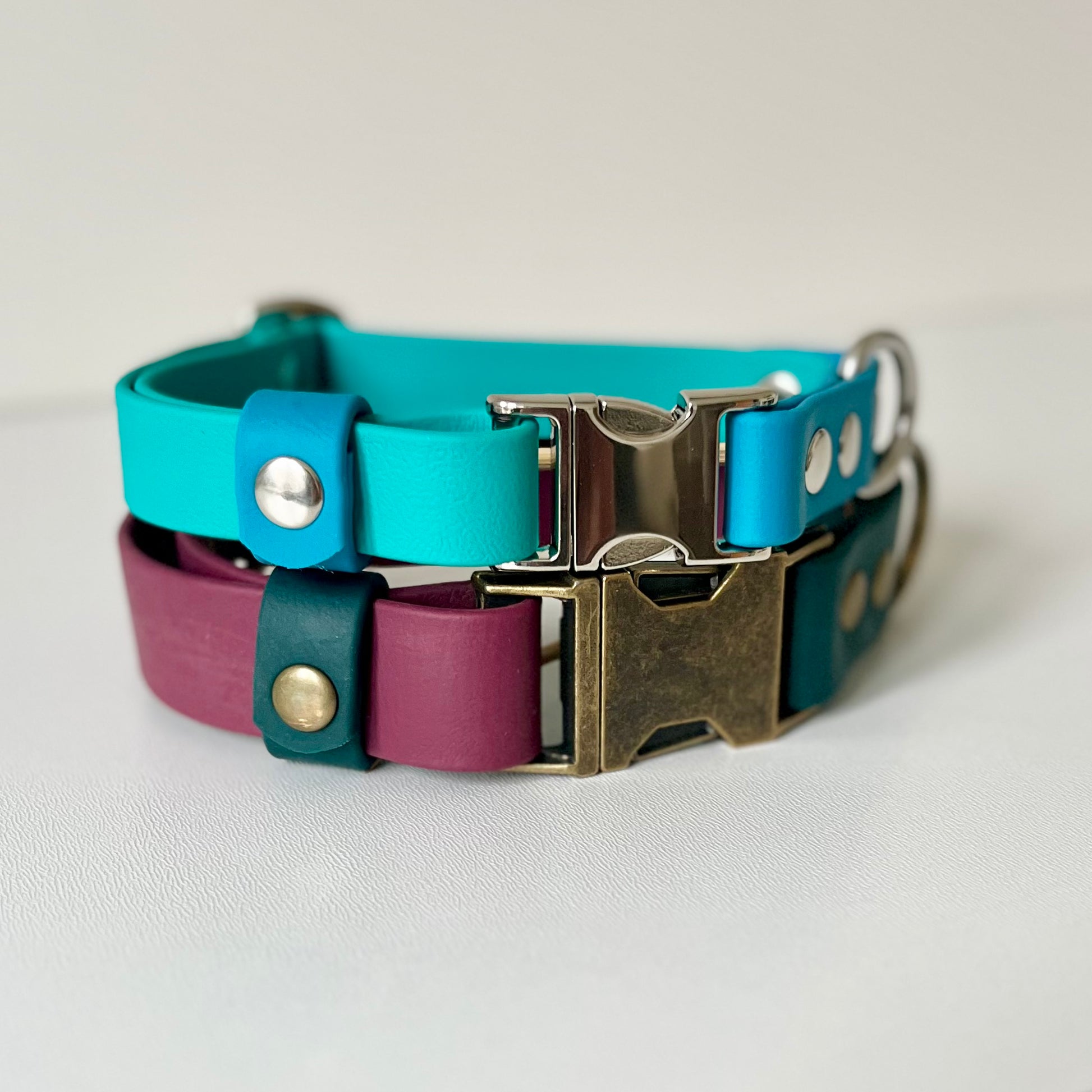 Two side release dog collars with different colours and hardware on a light background