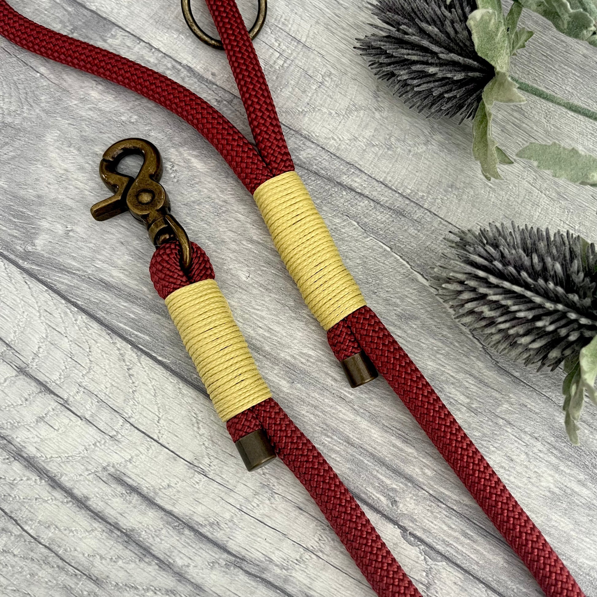 Copper Red Paracord rope lead with Pastel Yellow whipping securing each end together. At each end of the rope there is a metal end cap, a clip to connect to a collar at one end and a O-ring fixed to the handle. All hardware is Antique Brass