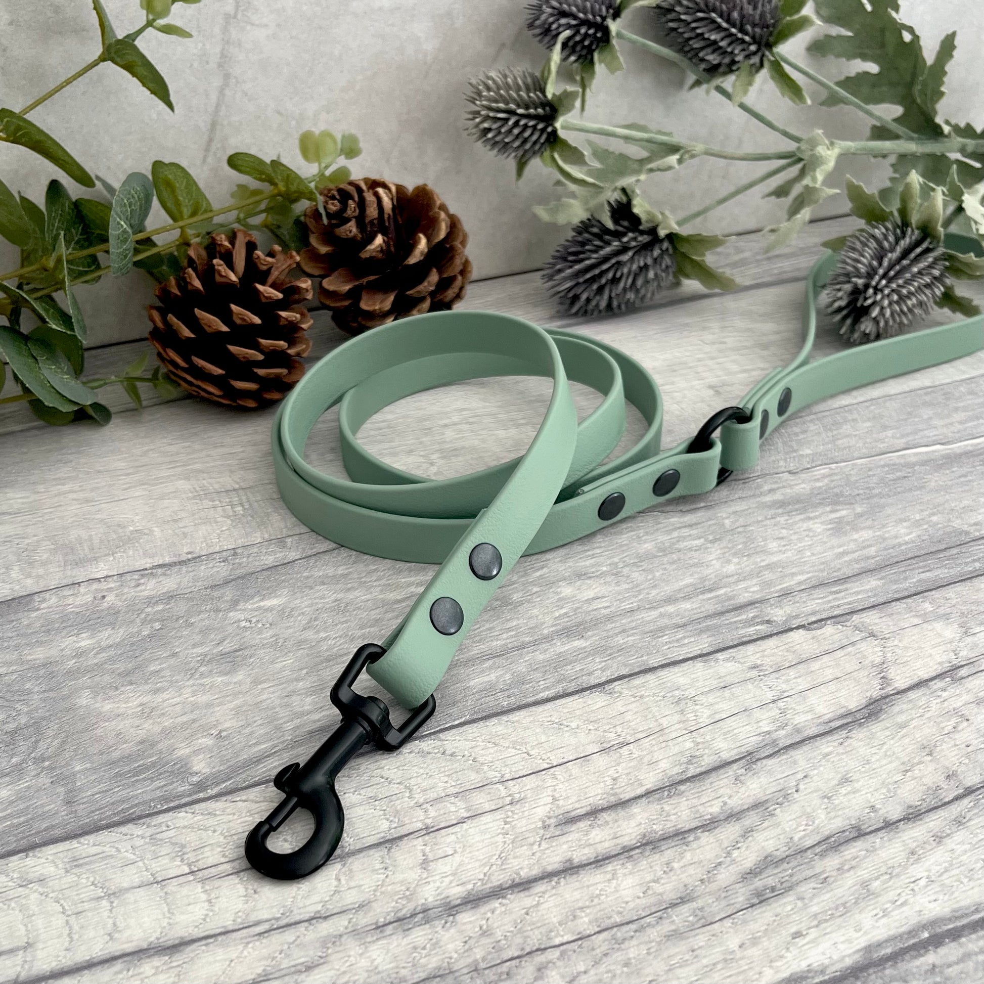 Sage Green Biothane lead with Black Hardware. An O-ring connects the handle to the lead with double ended rivets fixing it together. A Snap Clip is fixed with double ended rivets. The lead has a soft leather appearance.