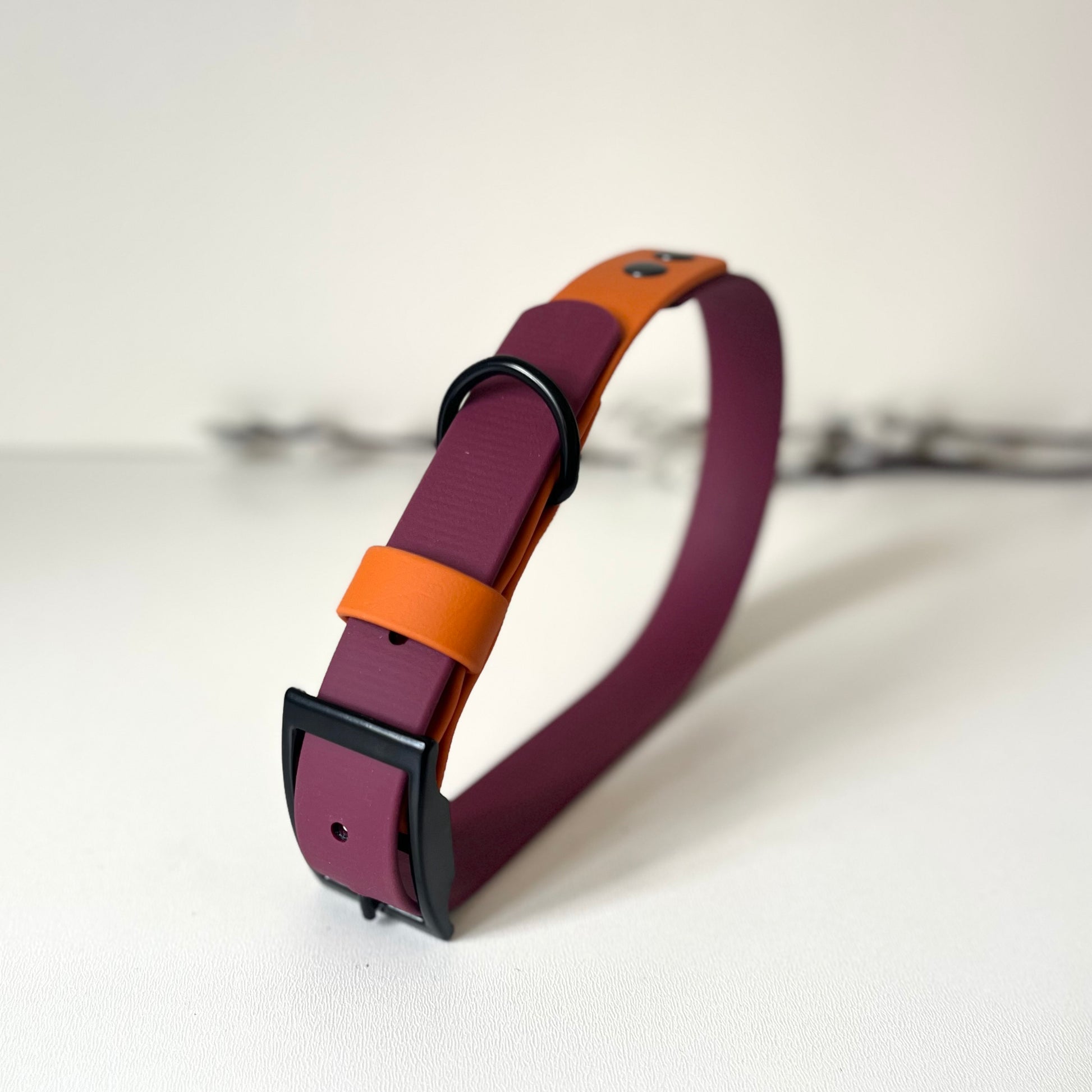 Wine Red and Orange two tone biothane dog collar with black hardware