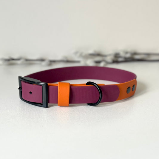 Wine Red and Orange two tone biothane dog collar with black hardware