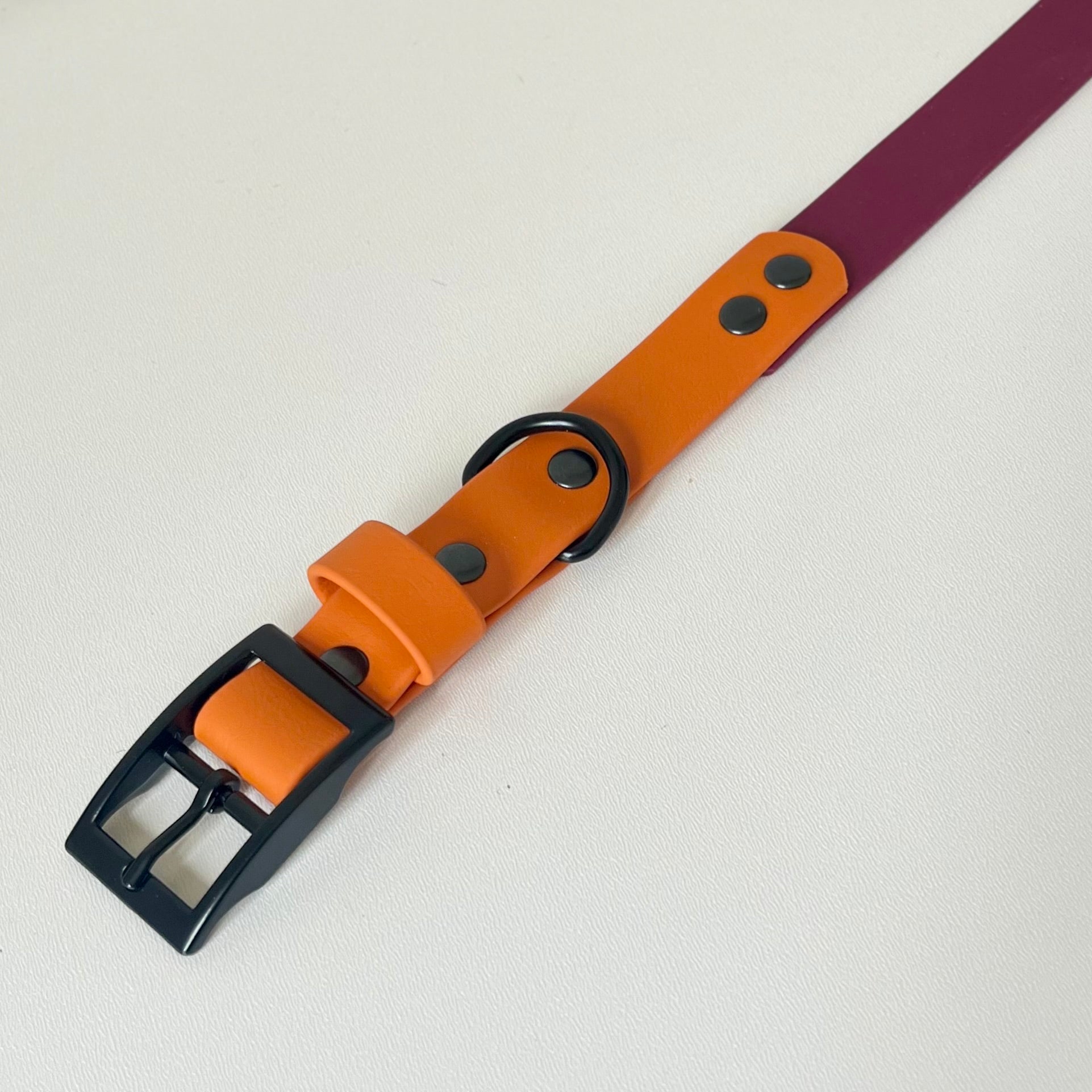 Wine Red and Orange two tone biothane dog collar with black hardware
