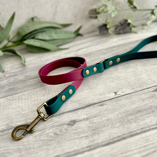 Two coloured Biothane dog lead. The handle and accent colour at the clip end of the lead is Dark Green, the mail lead colour is Wine Red giving the lead a two tone look. The hardware is Antique Brass