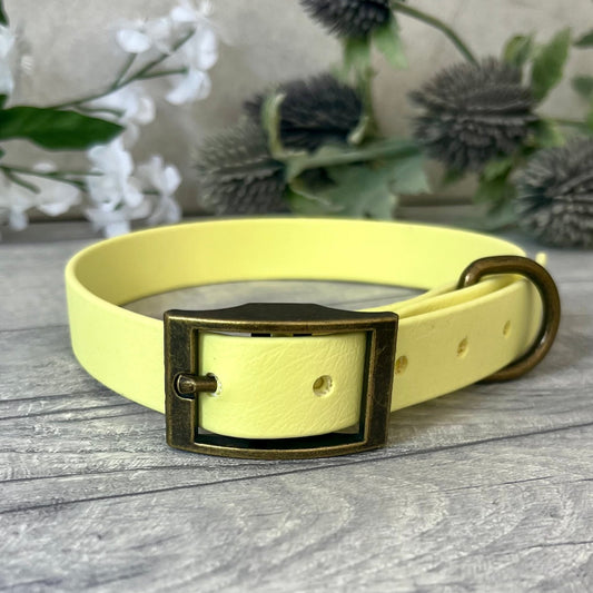 Biothane custom collar in Yellow with Antique Brass buckle and a D-ring. The collar has 5 holes which are spaced 2cm apart. Soft leather appearance